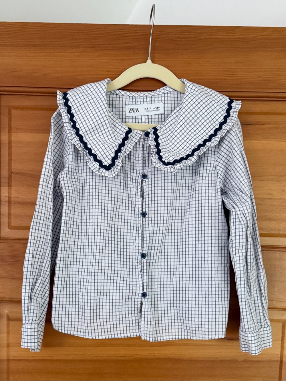 Zara Girls Checkered Peter Pan Collar Blouse Size 6/7 Navy White